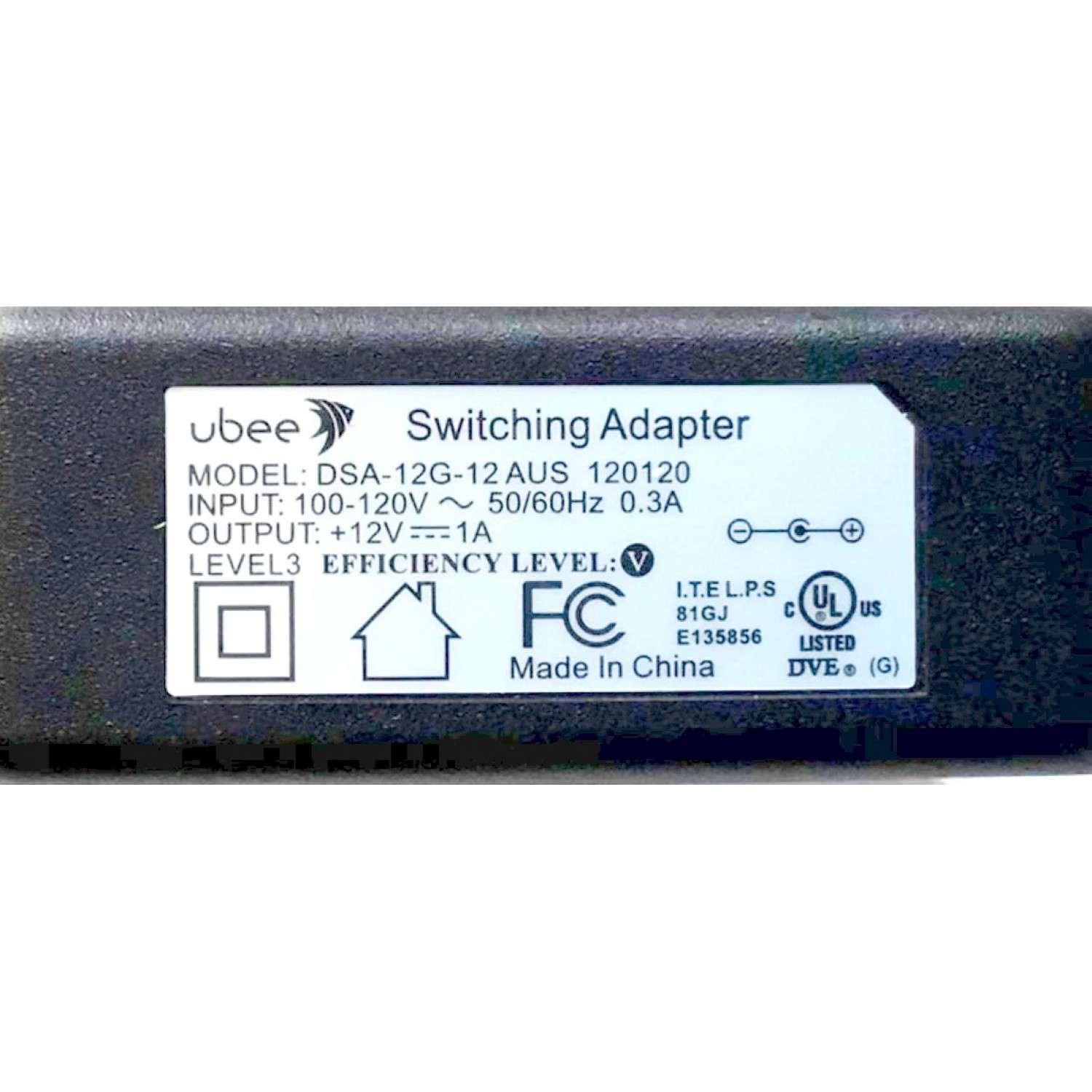 CARGADOR / ADAPTADOR DE FUENTE DE ALIMENTACION UBEE VCA-VCD  / NUMERO DE PARTE DSA-12G-12 AUS / ENTRADA VCA 100-120V~ 50/60HZ 0.3A / SALIDA VCD 12V 1A / E135856 / MODELO DSA-12G-12 AUS - Imagen 2